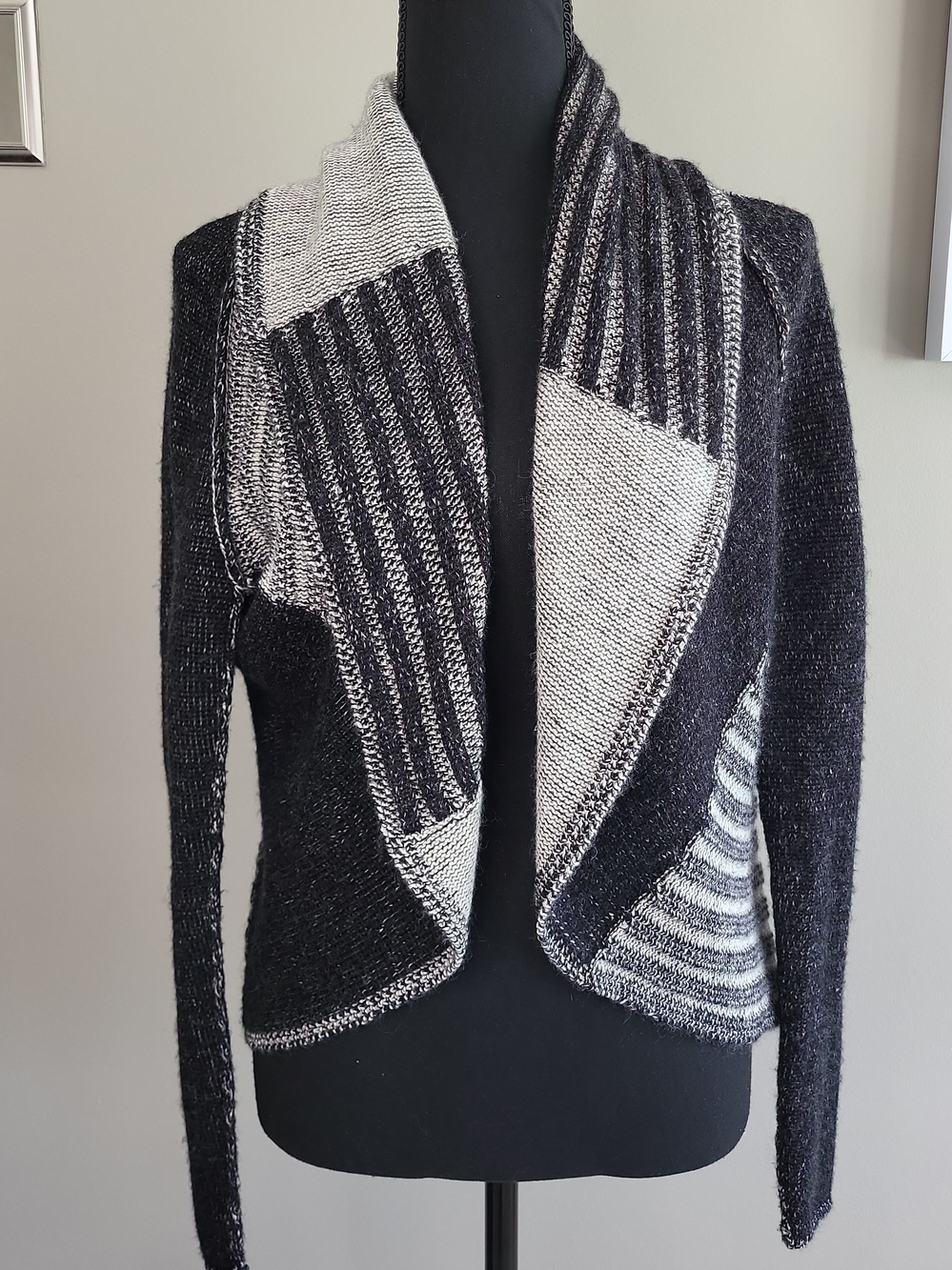CAbi #483 M Patchwork Cardigan Black White Draped Open Front Wool Blend